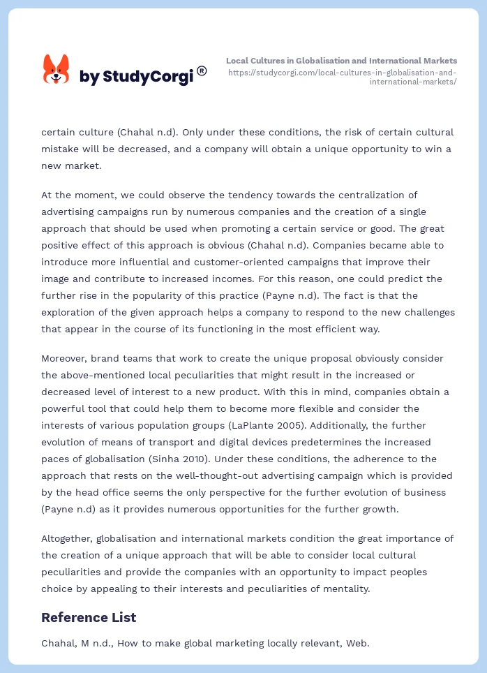 Local Cultures in Globalisation and International Markets. Page 2