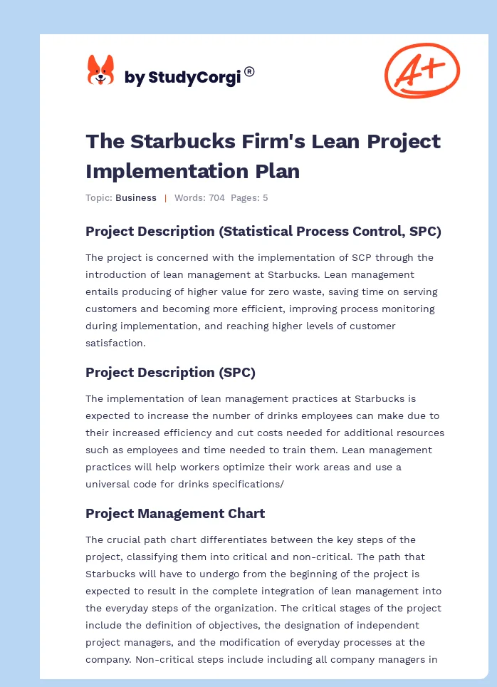 The Starbucks Firm's Lean Project Implementation Plan. Page 1