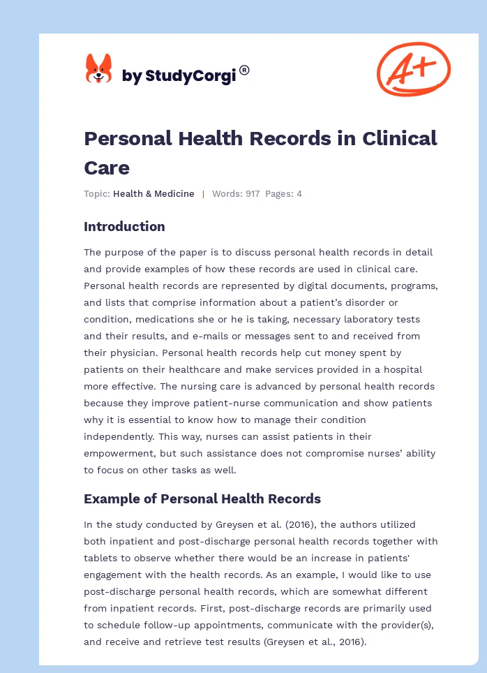 Personal Health Records in Clinical Care. Page 1