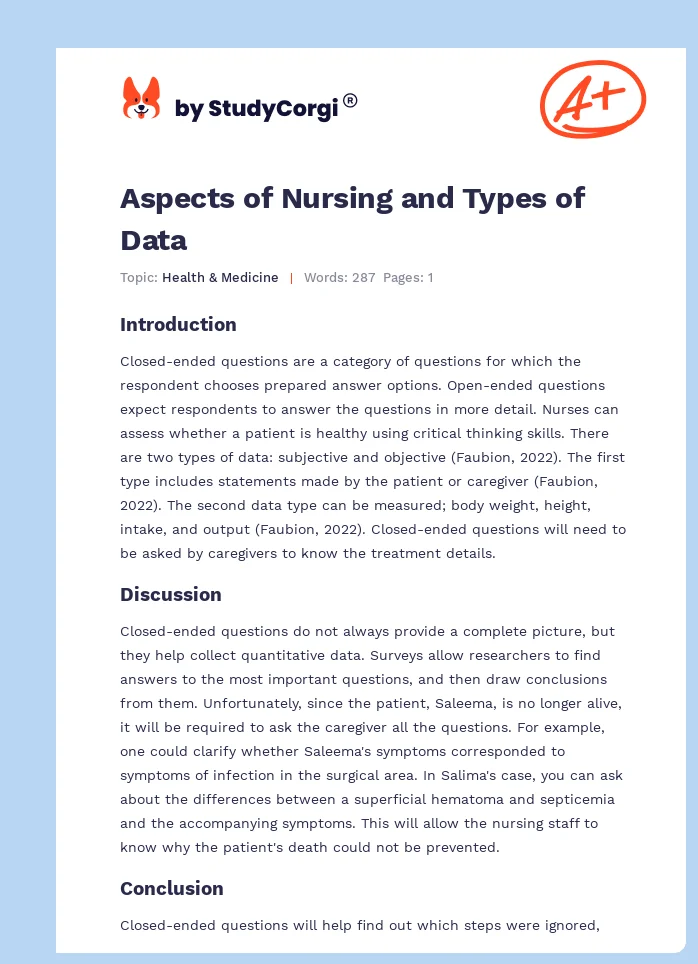 Aspects of Nursing and Types of Data. Page 1