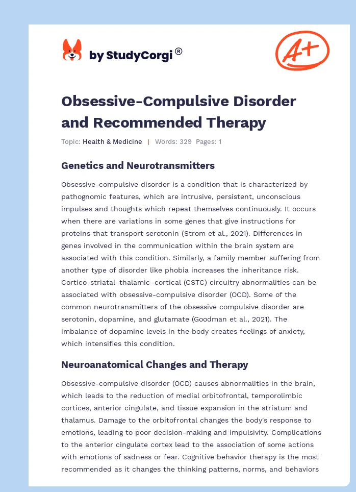 Obsessive-Compulsive Disorder and Recommended Therapy. Page 1