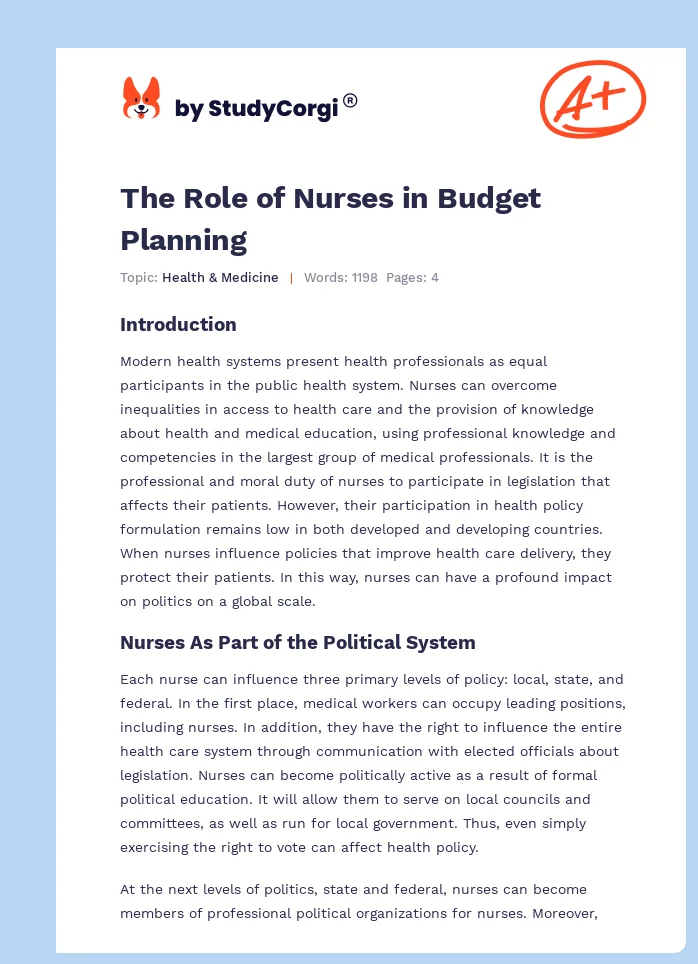 The Role of Nurses in Budget Planning. Page 1