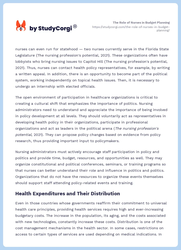 The Role of Nurses in Budget Planning. Page 2