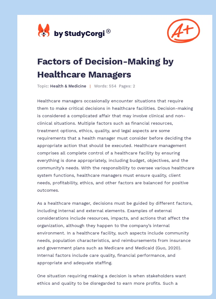 Factors of Decision-Making by Healthcare Managers. Page 1