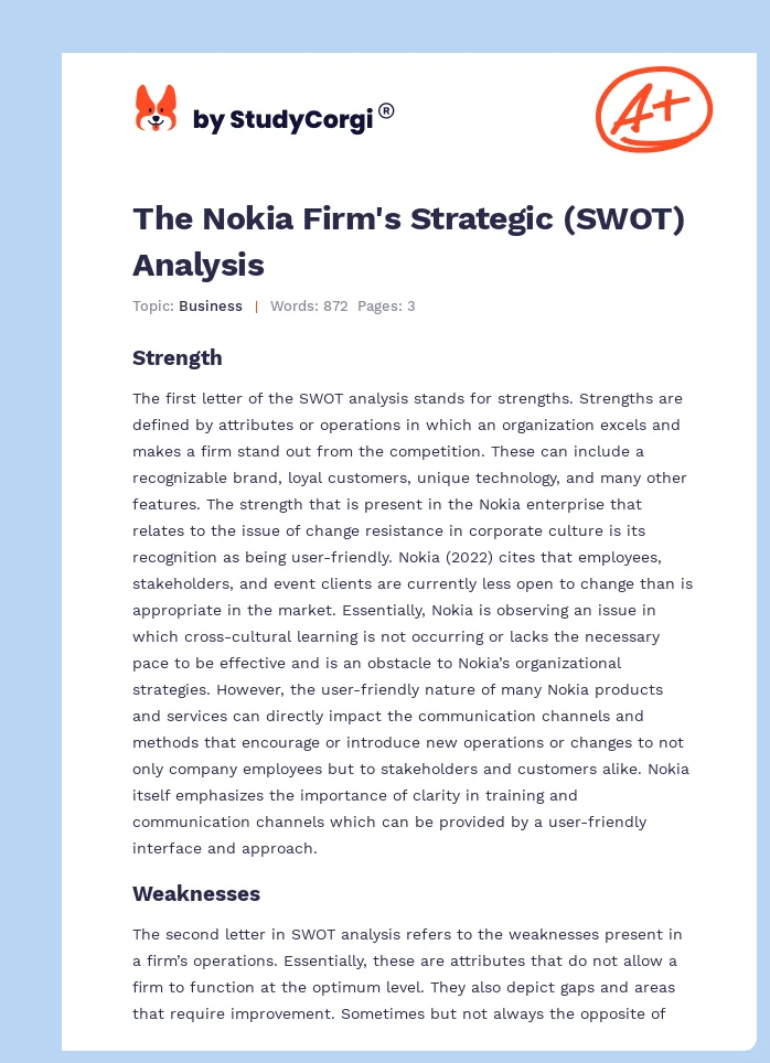 The Nokia Firm's Strategic (SWOT) Analysis. Page 1