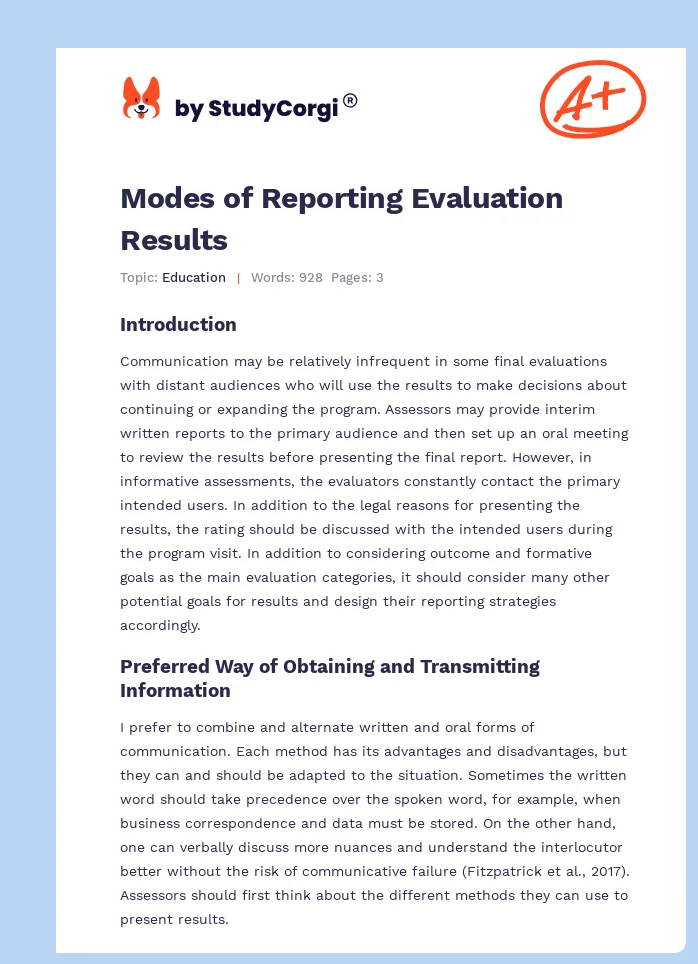 Modes of Reporting Evaluation Results. Page 1