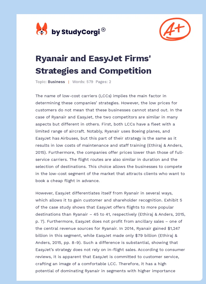 Ryanair and EasyJet Firms' Strategies and Competition. Page 1