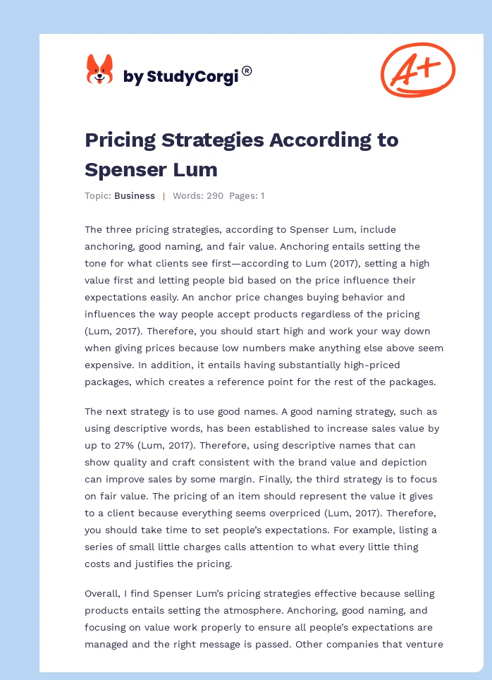 Pricing Strategies According to Spenser Lum. Page 1