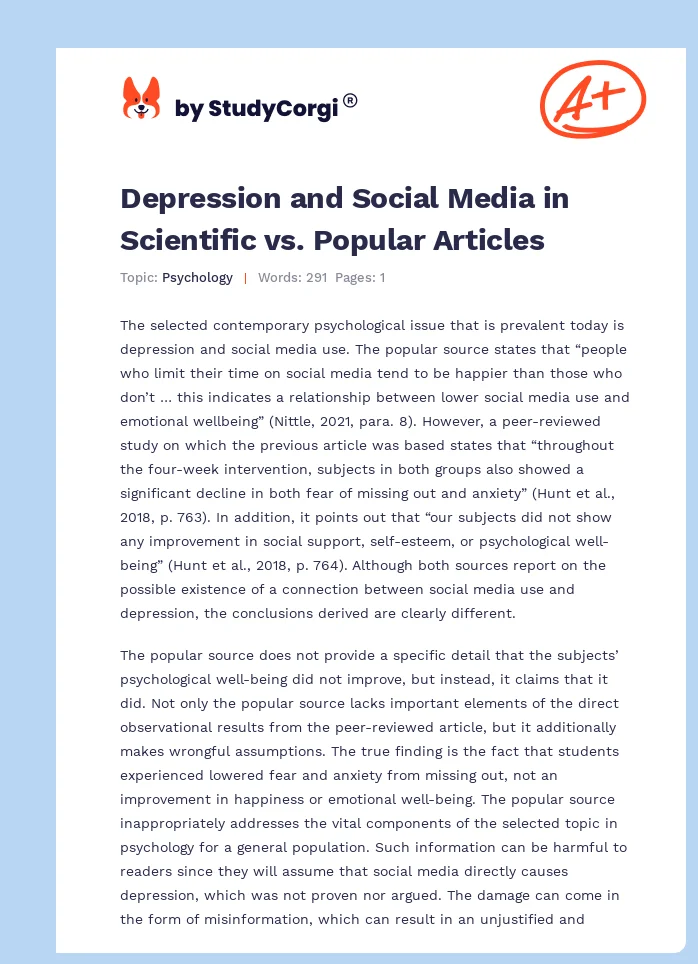 Depression and Social Media in Scientific vs. Popular Articles. Page 1