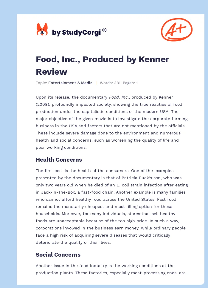 Food, Inc., Produced by Kenner Review. Page 1