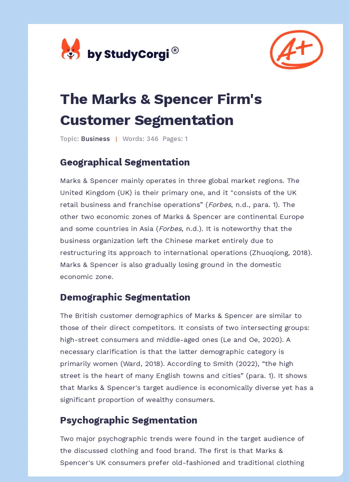 The Marks & Spencer Firm's Customer Segmentation. Page 1