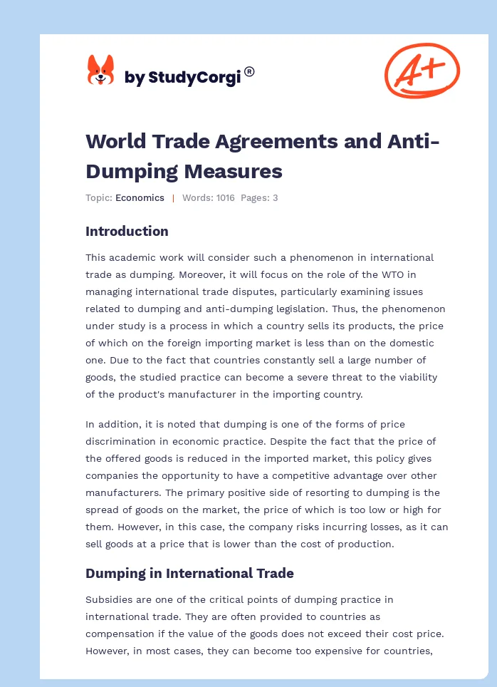 World Trade Agreements and Anti-Dumping Measures. Page 1
