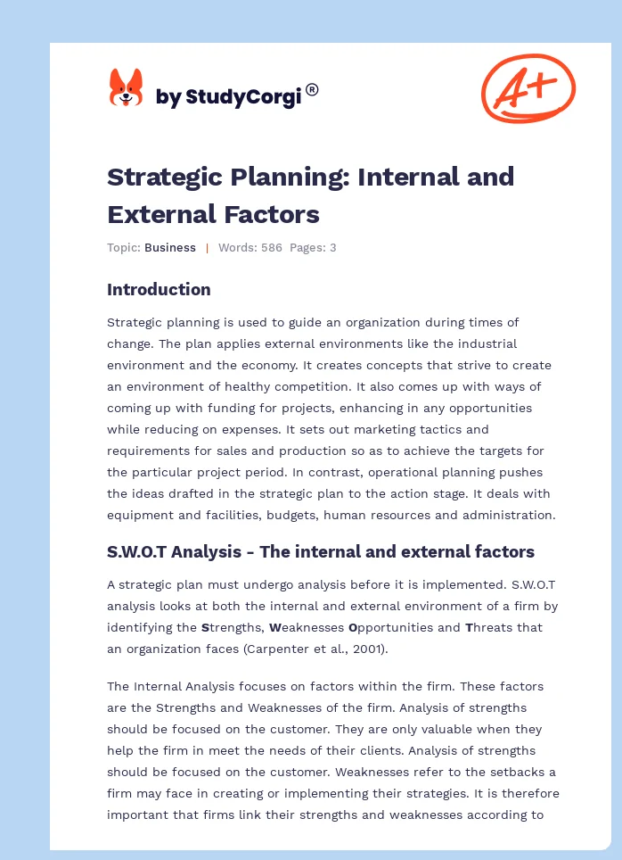 Strategic Planning: Internal and External Factors. Page 1