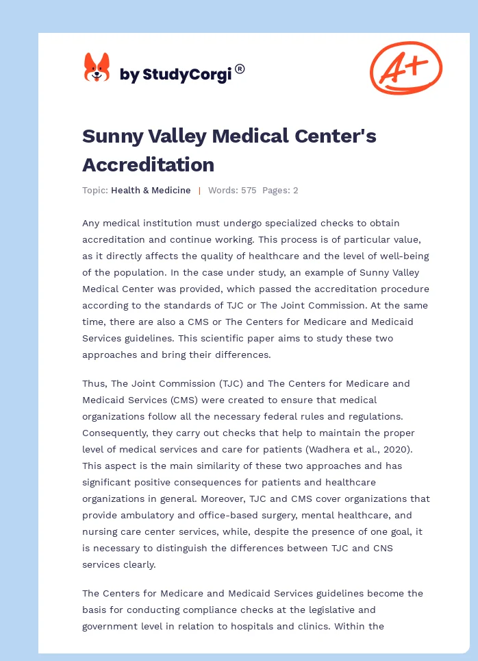 Sunny Valley Medical Center's Accreditation. Page 1