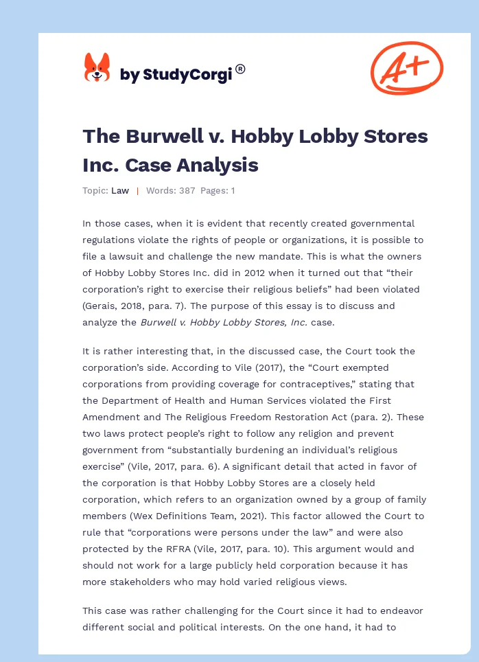 The Burwell v. Hobby Lobby Stores Inc. Case Analysis. Page 1