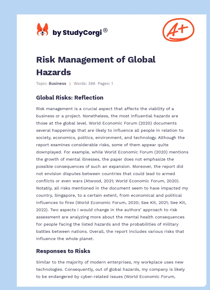 Risk Management of Global Hazards. Page 1