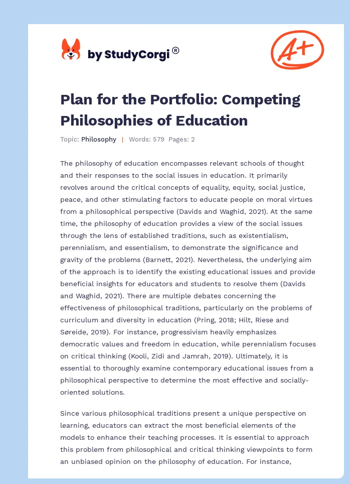 Plan for the Portfolio: Competing Philosophies of Education. Page 1