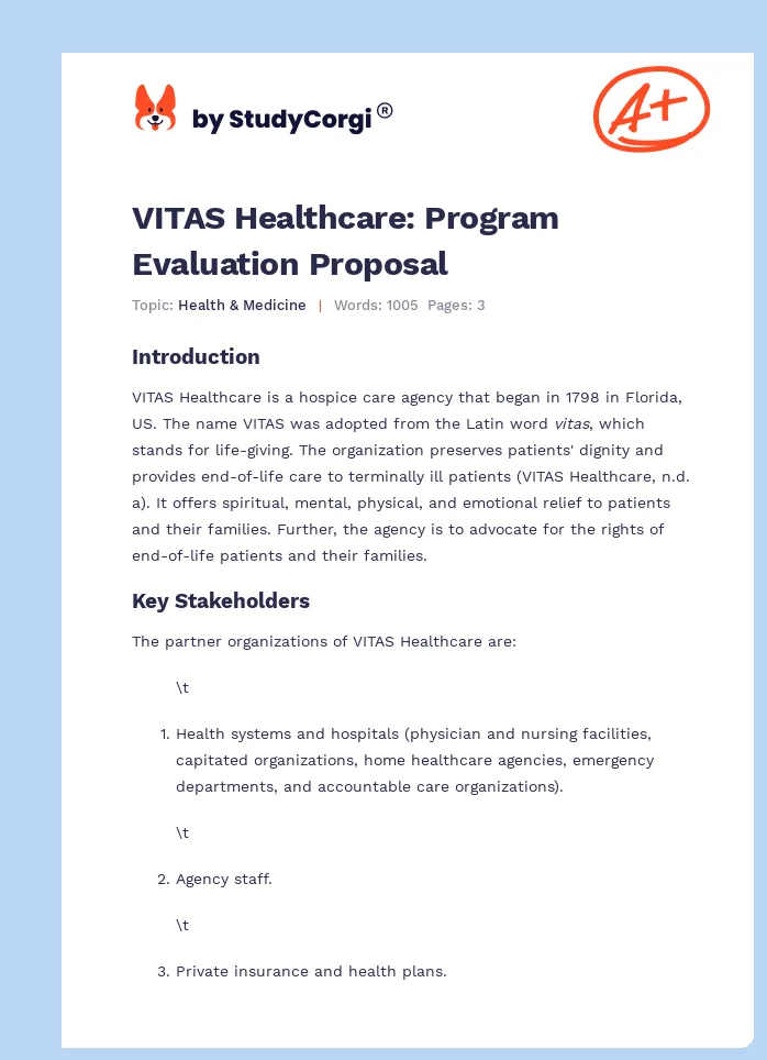 VITAS Healthcare: Program Evaluation Proposal. Page 1