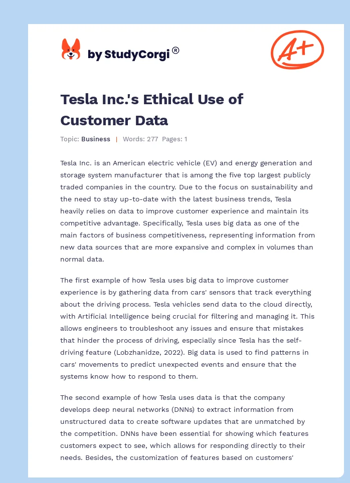 Tesla Inc.'s Ethical Use of Customer Data. Page 1