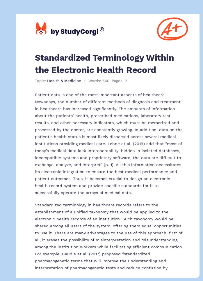 Standardized Terminology Within the Electronic Health Record. Page 1