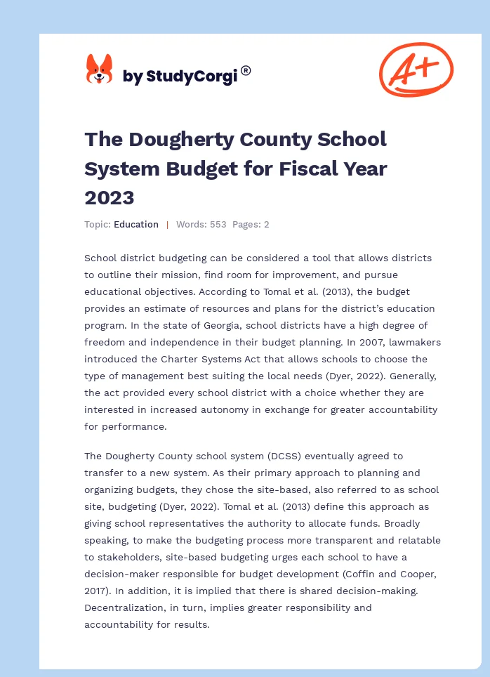 The Dougherty County School System Budget for Fiscal Year 2023. Page 1