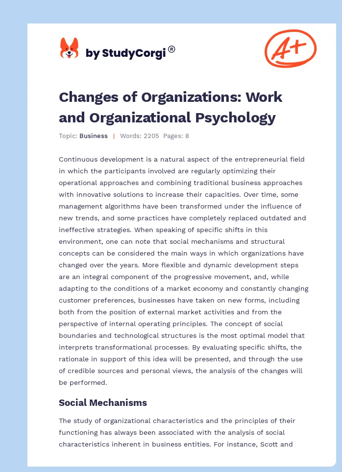 Changes of Organizations: Work and Organizational Psychology. Page 1