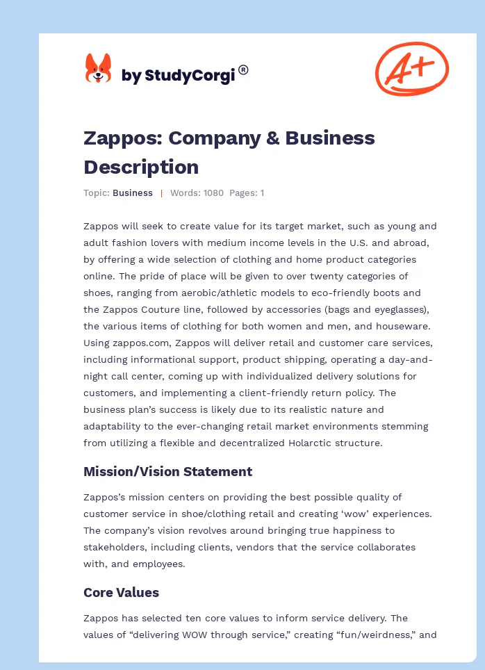 Zappos: Company & Business Description. Page 1