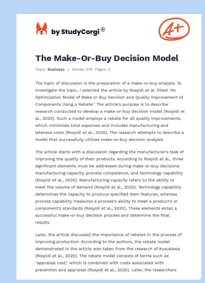 The Make-Or-Buy Decision Model. Page 1