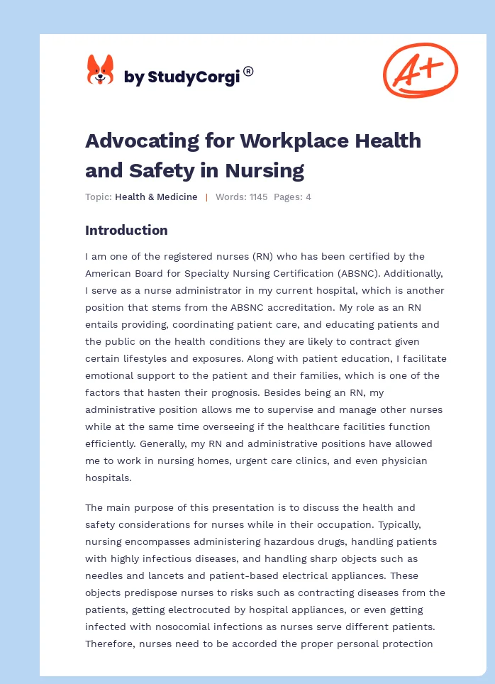Advocating for Workplace Health and Safety in Nursing. Page 1