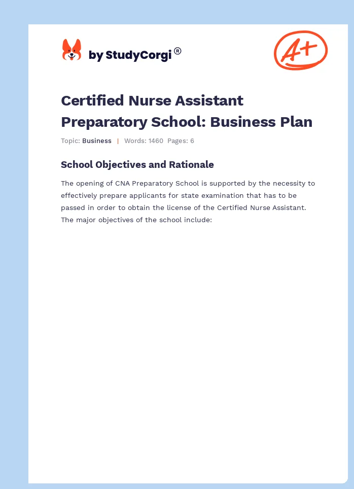 Certified Nurse Assistant Preparatory School: Business Plan. Page 1