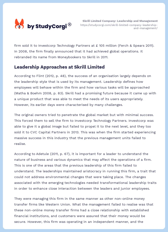 Skrill Limited Company: Leadership and Management. Page 2