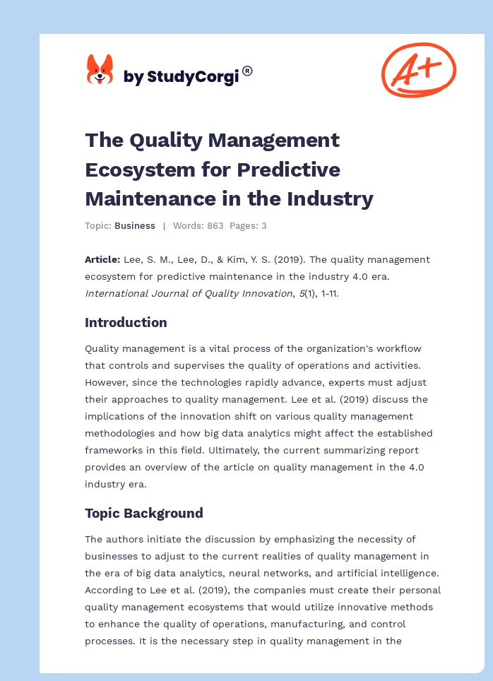 The Quality Management Ecosystem for Predictive Maintenance in the Industry. Page 1