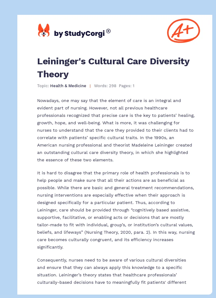 Leininger's Cultural Care Diversity Theory. Page 1
