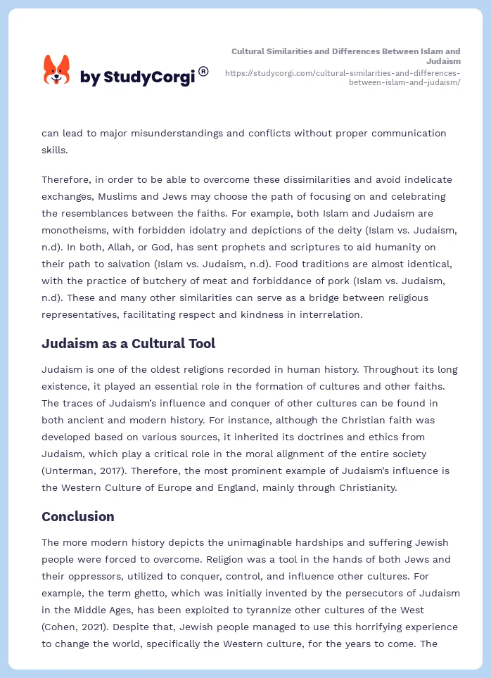 Cultural Similarities and Differences Between Islam and Judaism. Page 2