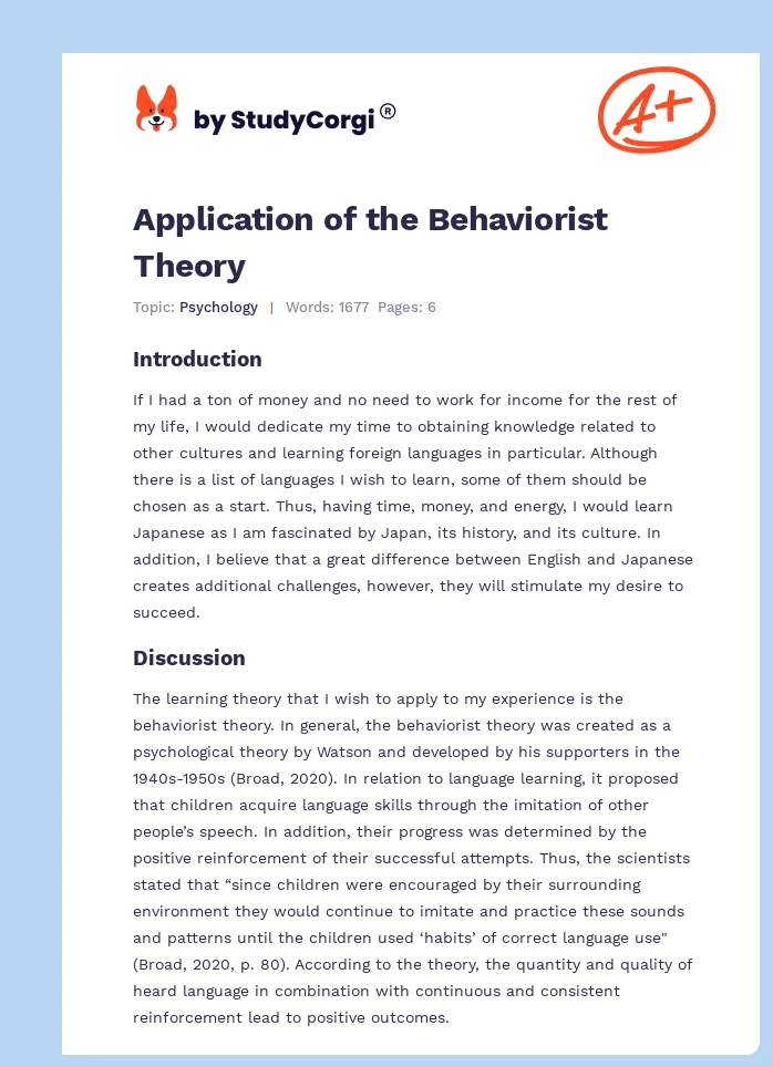 Application of the Behaviorist Theory. Page 1