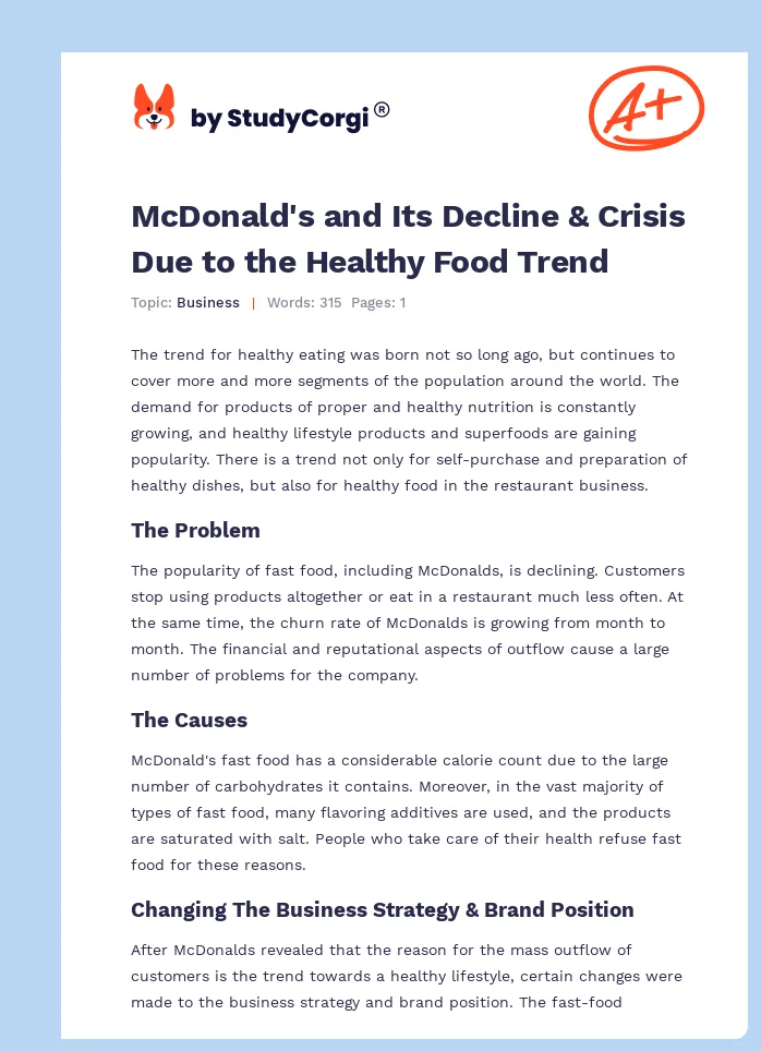 McDonald's and Its Decline & Crisis Due to the Healthy Food Trend. Page 1