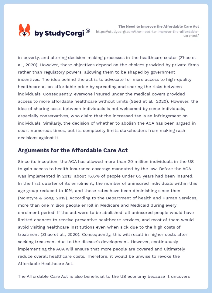 The Need to Improve the Affordable Care Act. Page 2