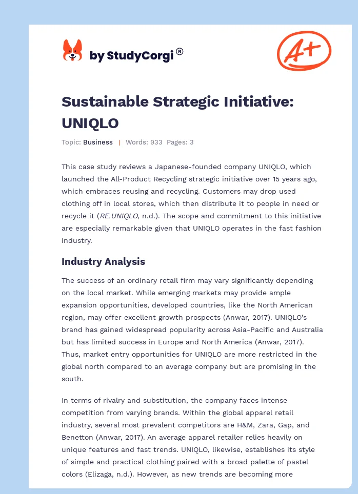 Sustainable Strategic Initiative: UNIQLO. Page 1