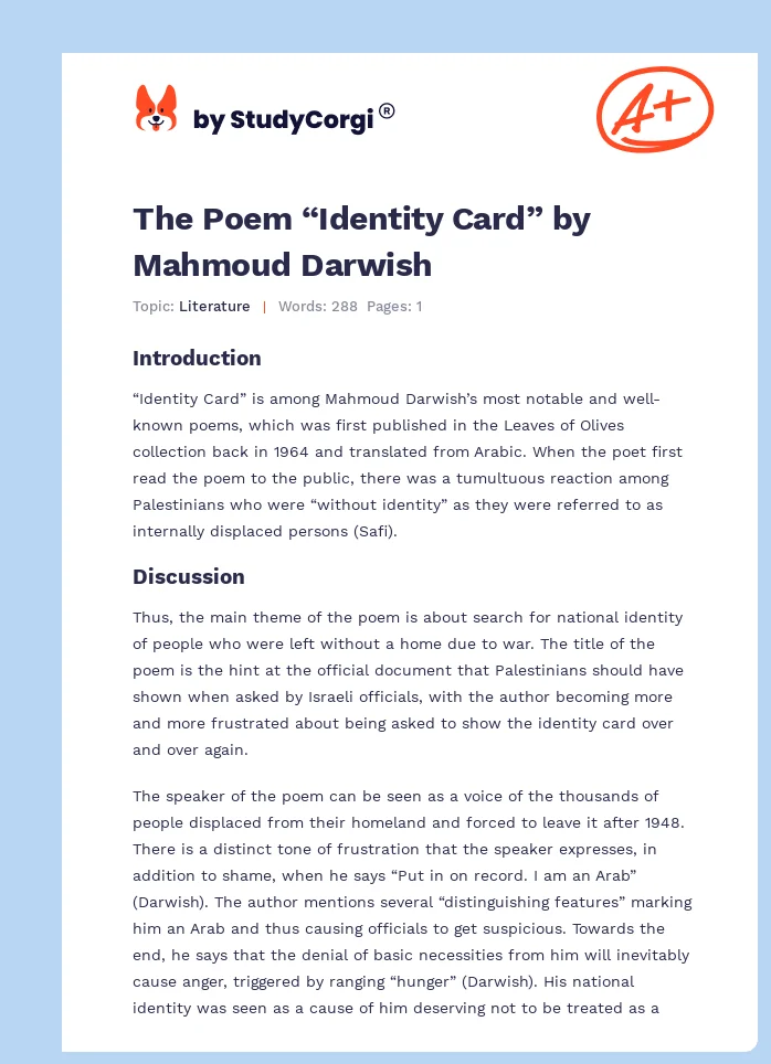 The Poem “Identity Card” by Mahmoud Darwish. Page 1