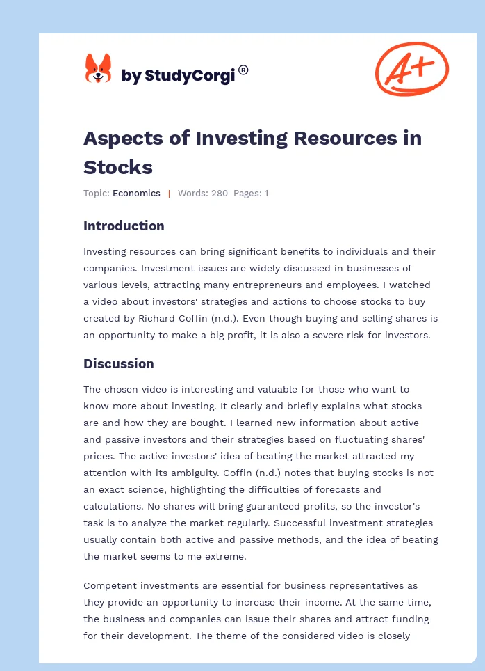 Aspects of Investing Resources in Stocks. Page 1