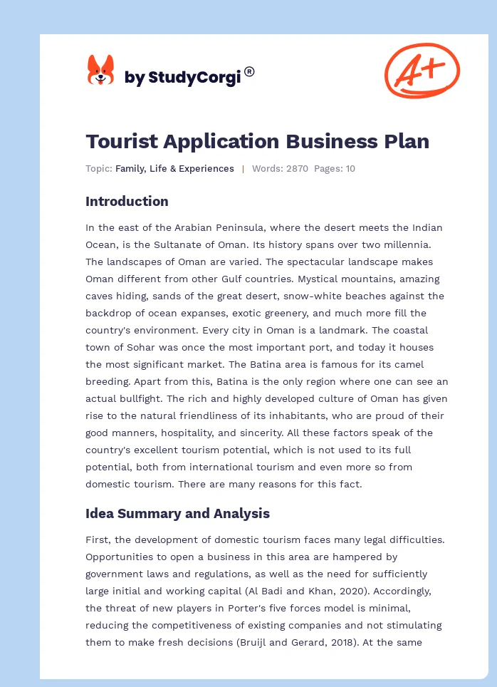 Tourist Application Business Plan. Page 1