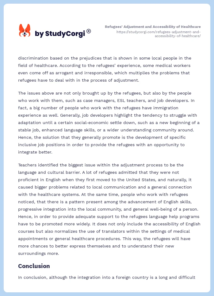 Refugees’ Adjustment and Accessibility of Healthcare. Page 2