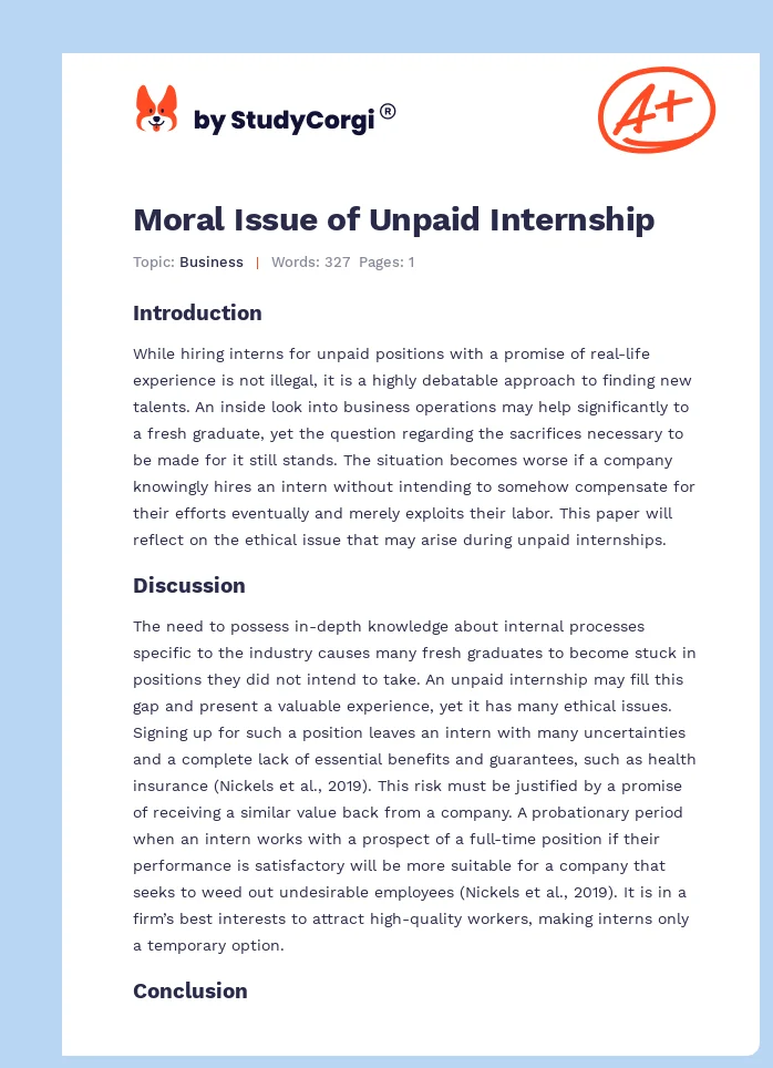 Moral Issue of Unpaid Internship. Page 1