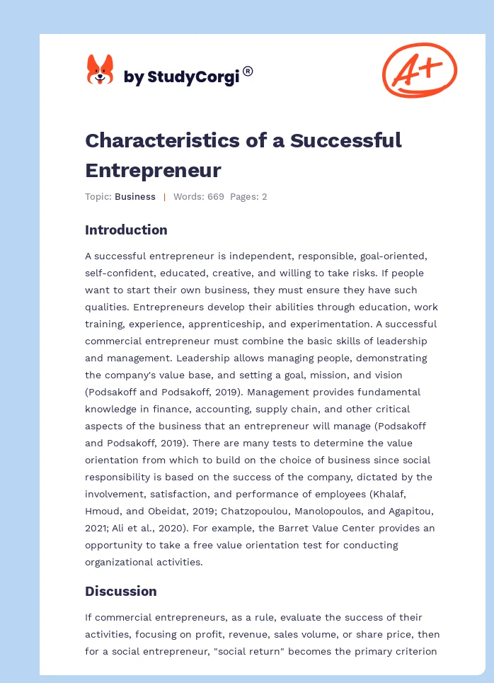 Characteristics of a Successful Entrepreneur. Page 1