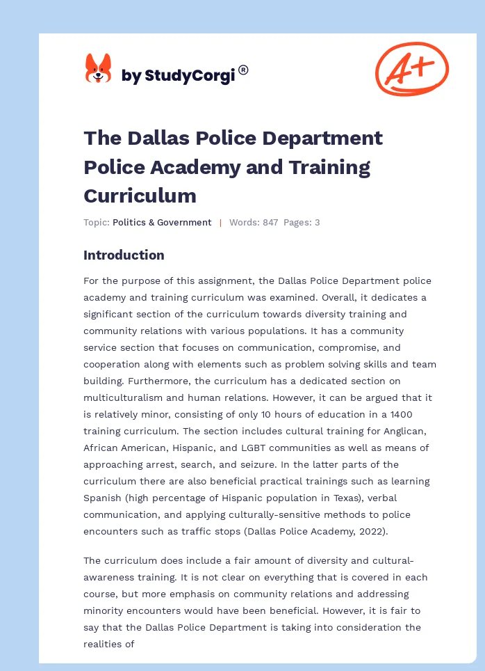 The Dallas Police Department Police Academy and Training Curriculum. Page 1