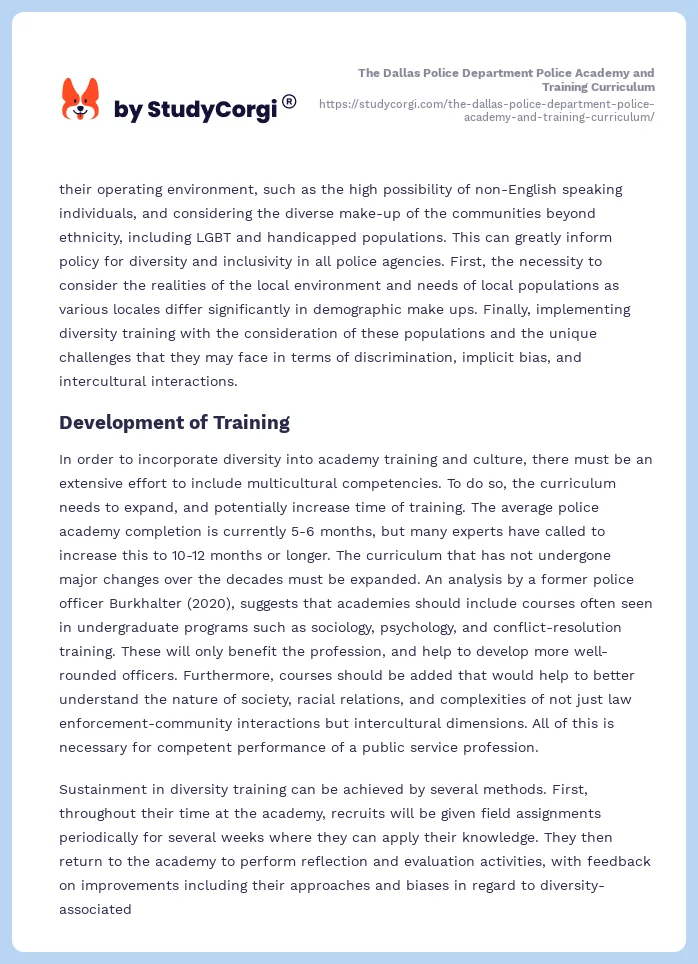 The Dallas Police Department Police Academy and Training Curriculum. Page 2
