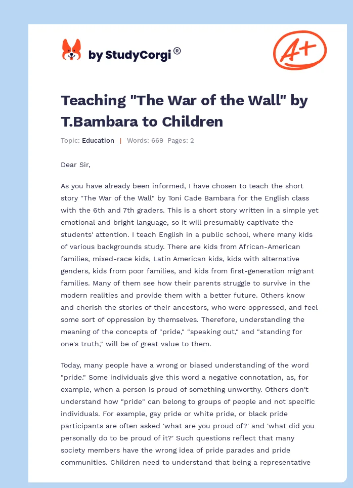 Teaching "The War of the Wall" by T.Bambara to Children. Page 1