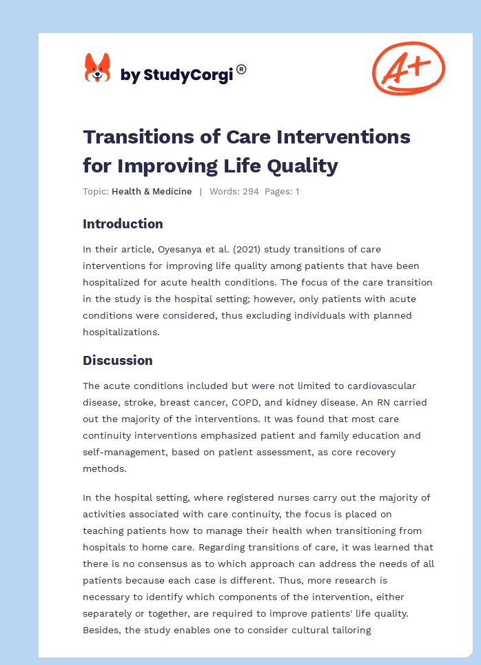Transitions of Care Interventions for Improving Life Quality. Page 1
