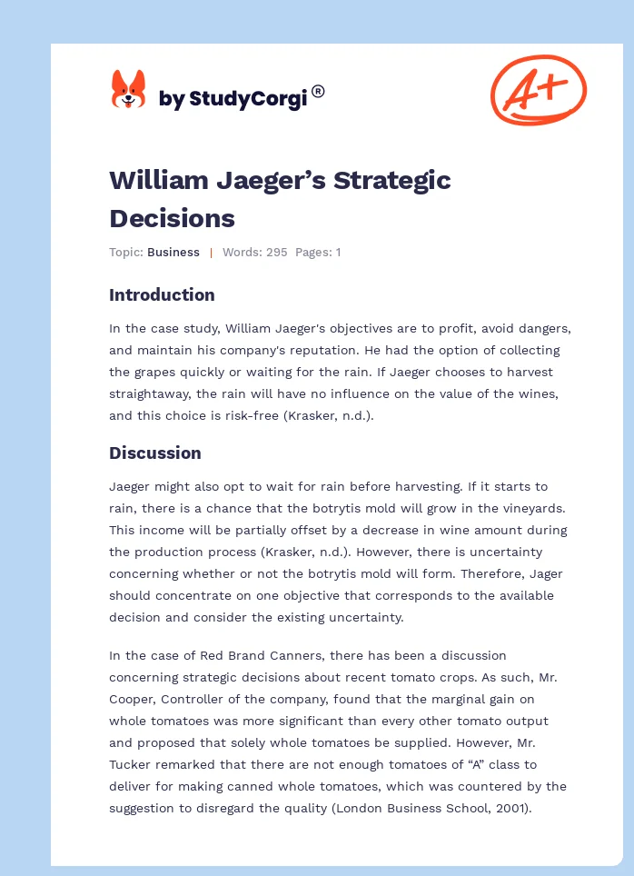 William Jaeger’s Strategic Decisions. Page 1