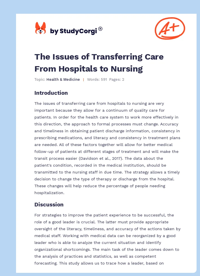 The Issues of Transferring Care From Hospitals to Nursing. Page 1